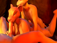 Two lions having sex with a man in animal porno